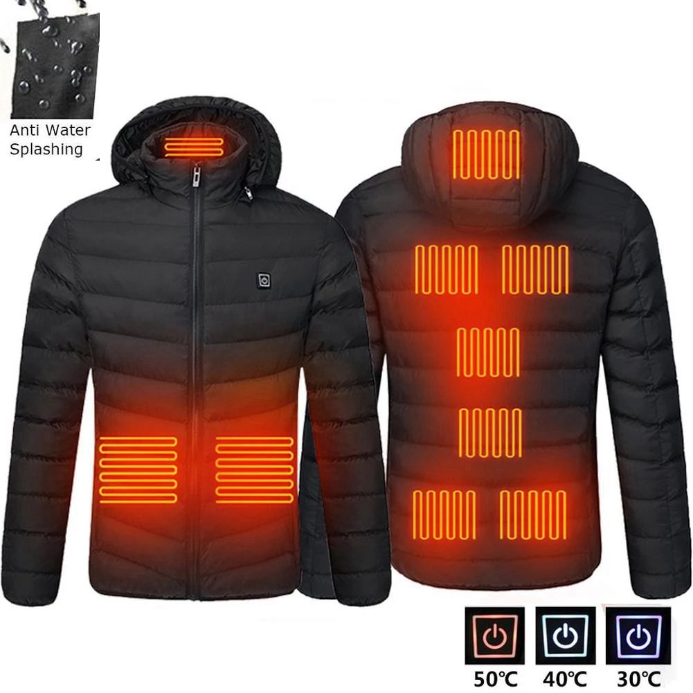 Winter Warm USB Heating Jackets Smart Thermostat Pure Color Hooded Heated Clothing Waterproof Warm Jackets