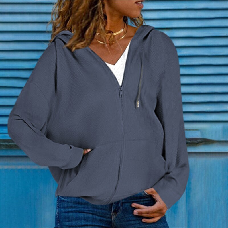 Women Solid Loose Pocket Zipper Hooded Cardigan Sweater Long Sleeve Streetwear