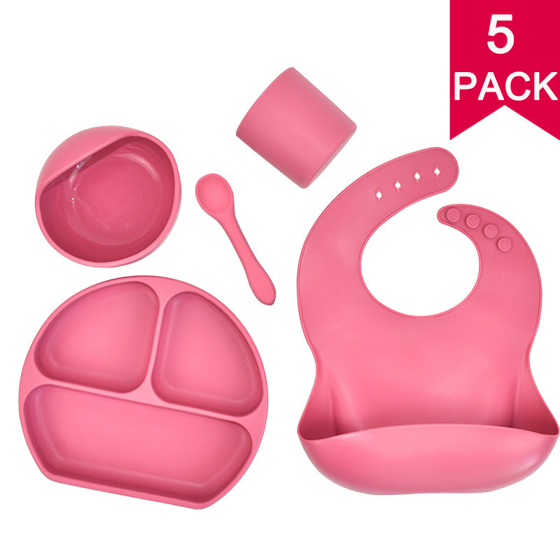 Silicone children's tableware set baby feeding complementary food tableware saliva pocket suction cup bowl spoon dinner plate bib 5-piece set