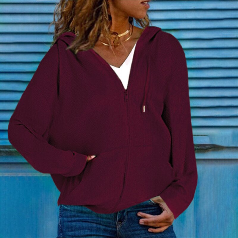 Women Solid Loose Pocket Zipper Hooded Cardigan Sweater Long Sleeve Streetwear