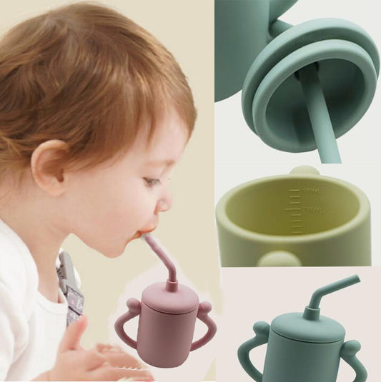 Children/Baby Silicone Water Cup With Straw Leak-Proof Binaural Training Learning Drinking Cup