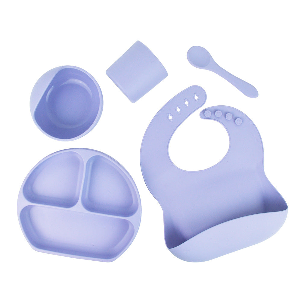 Silicone children's tableware set baby feeding complementary food tableware saliva pocket suction cup bowl spoon dinner plate bib 5-piece set