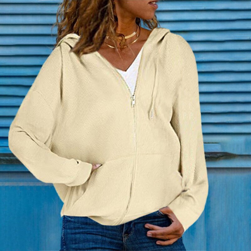 Women Solid Loose Pocket Zipper Hooded Cardigan Sweater Long Sleeve Streetwear