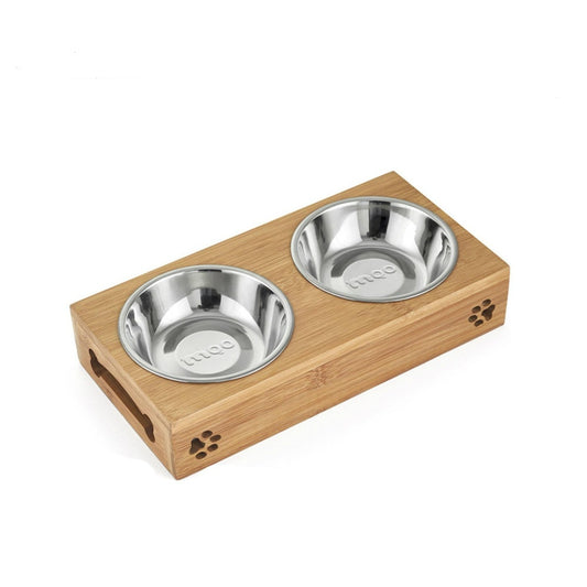 Dog Pet Stainless Steel/Ceramic Feeding and Drinking Bowls Combination with Bamboo Frame