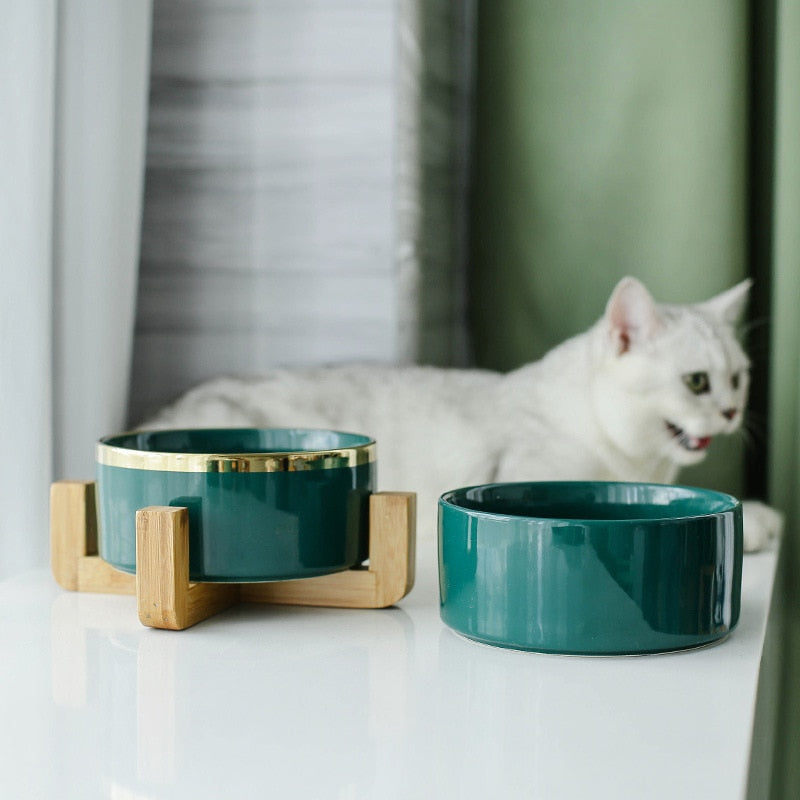 Ceramic Tableware Bowls with Bamboo Frame for Dogs or Cats