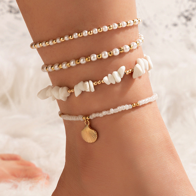 Beach Style Footwear Gravel Beaded Multi-layer Anklet Pearl Shell