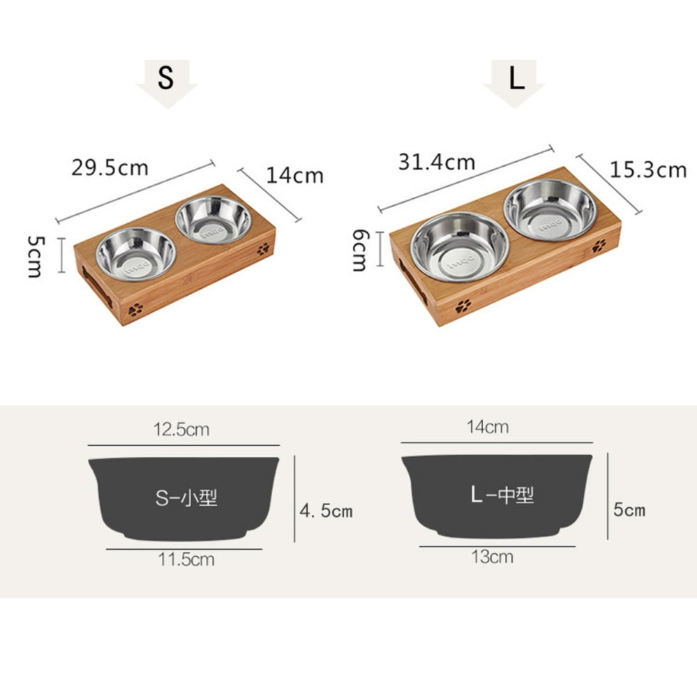 Dog Pet Stainless Steel/Ceramic Feeding and Drinking Bowls Combination with Bamboo Frame