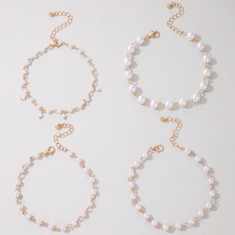 Pearl Beaded Multi-layer Anklet Geometric Chain