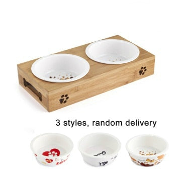 Dog Pet Stainless Steel/Ceramic Feeding and Drinking Bowls Combination with Bamboo Frame