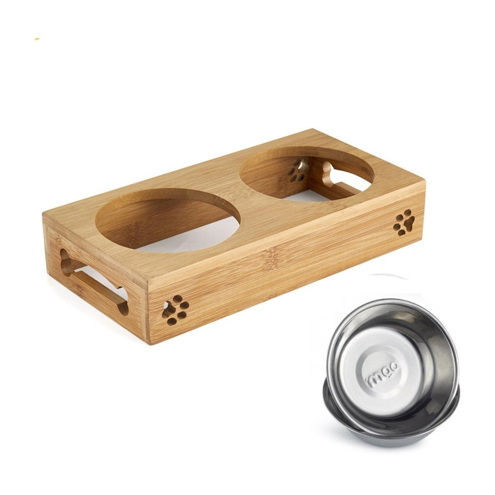 Dog Pet Stainless Steel/Ceramic Feeding and Drinking Bowls Combination with Bamboo Frame