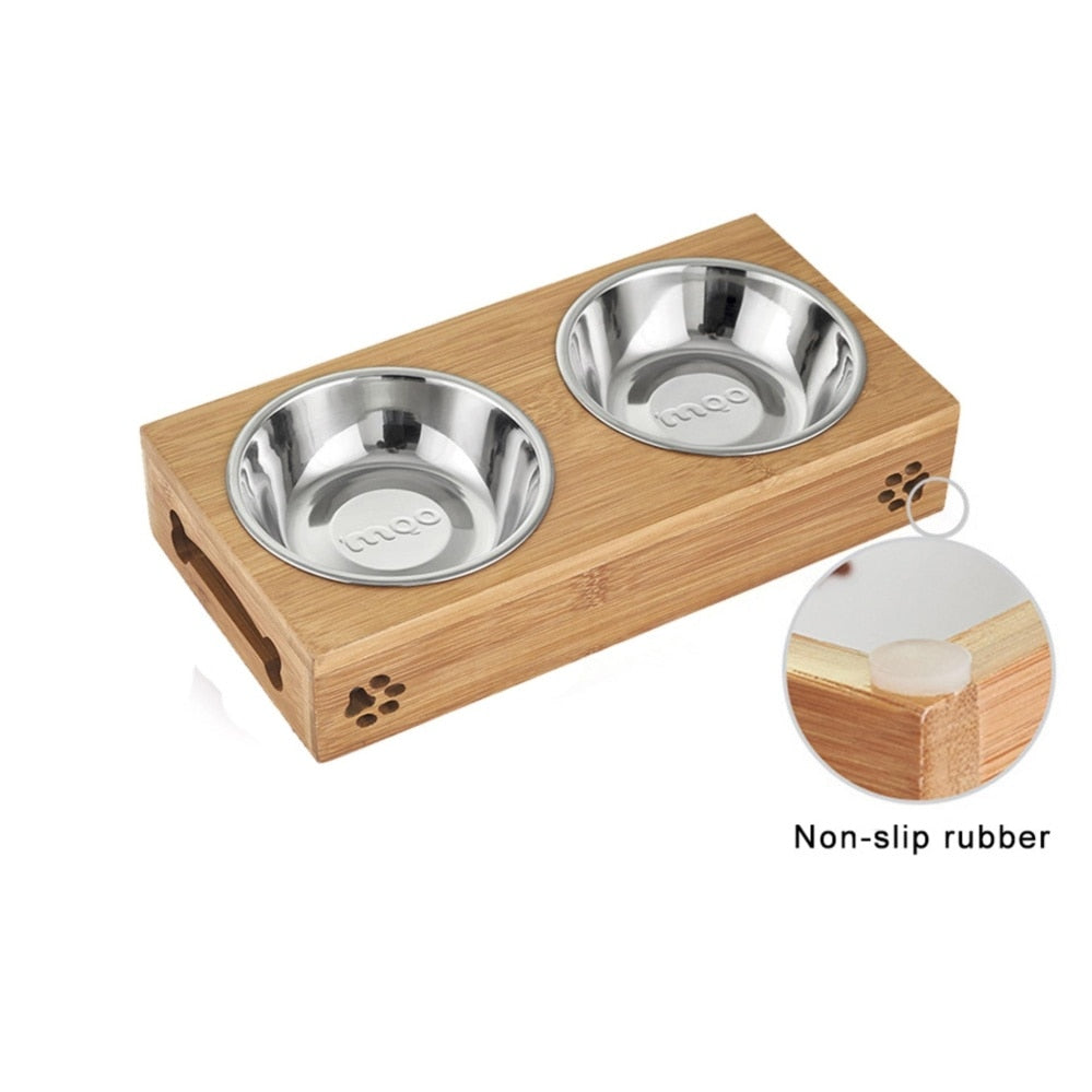 Dog Pet Stainless Steel/Ceramic Feeding and Drinking Bowls Combination with Bamboo Frame